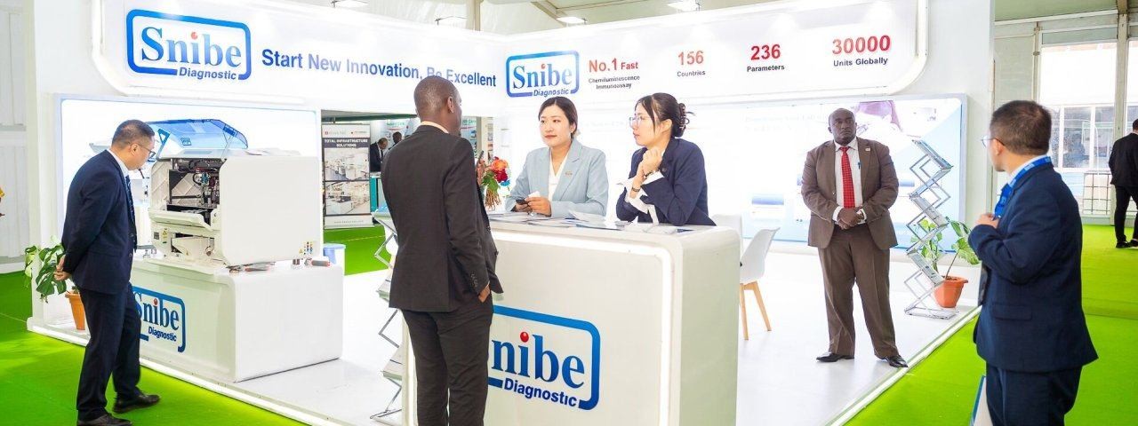 Exhibitors and attendees at a Snibe Diagnostic stand at World Health Expo Labs Nairobi