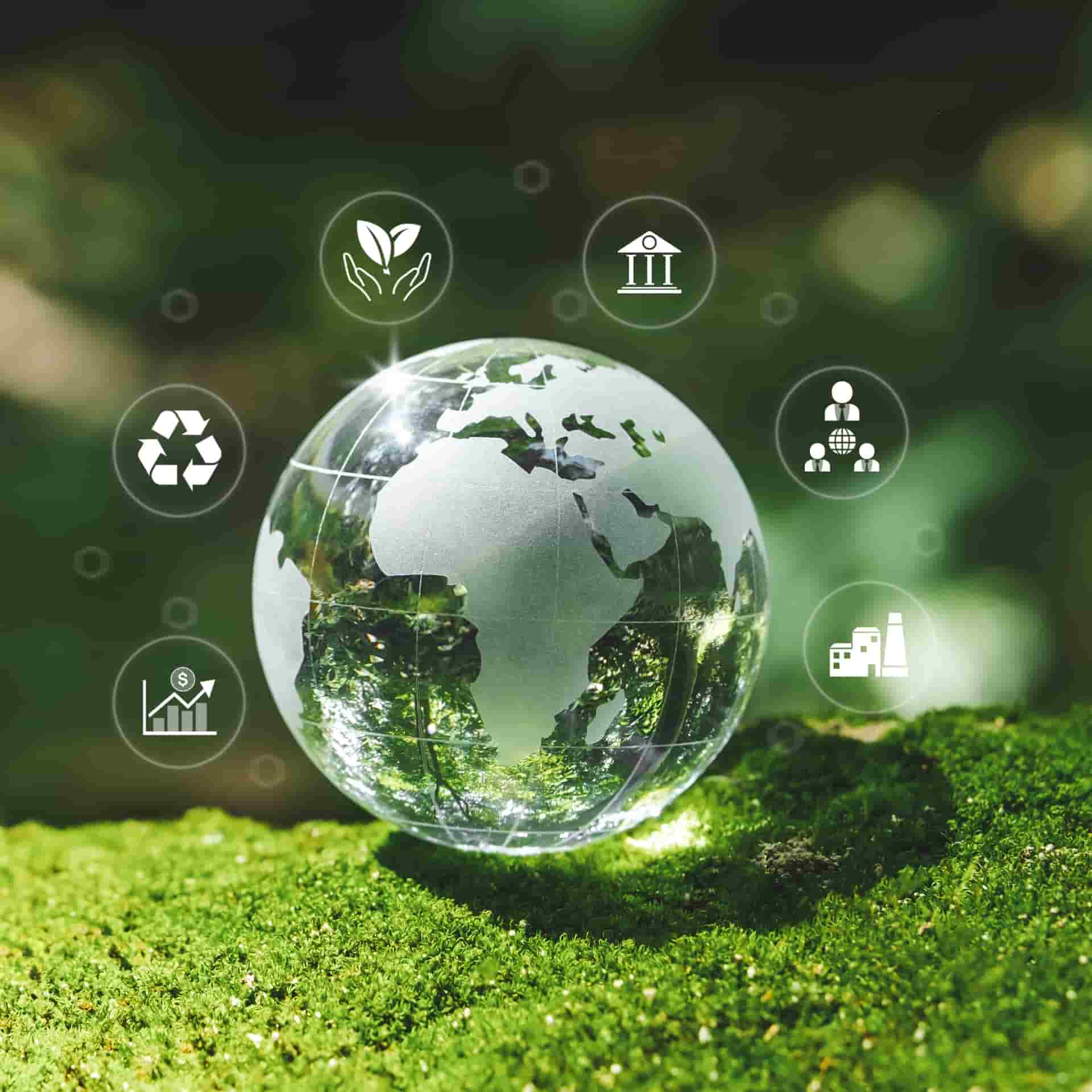 Glass globe circled by ESG icons